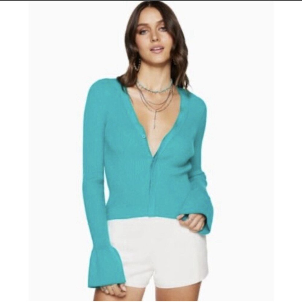 Ramy Brook Ribbed Tanner Bell Sleeve Sweater Oasis Green Teal Womens Size Small‎